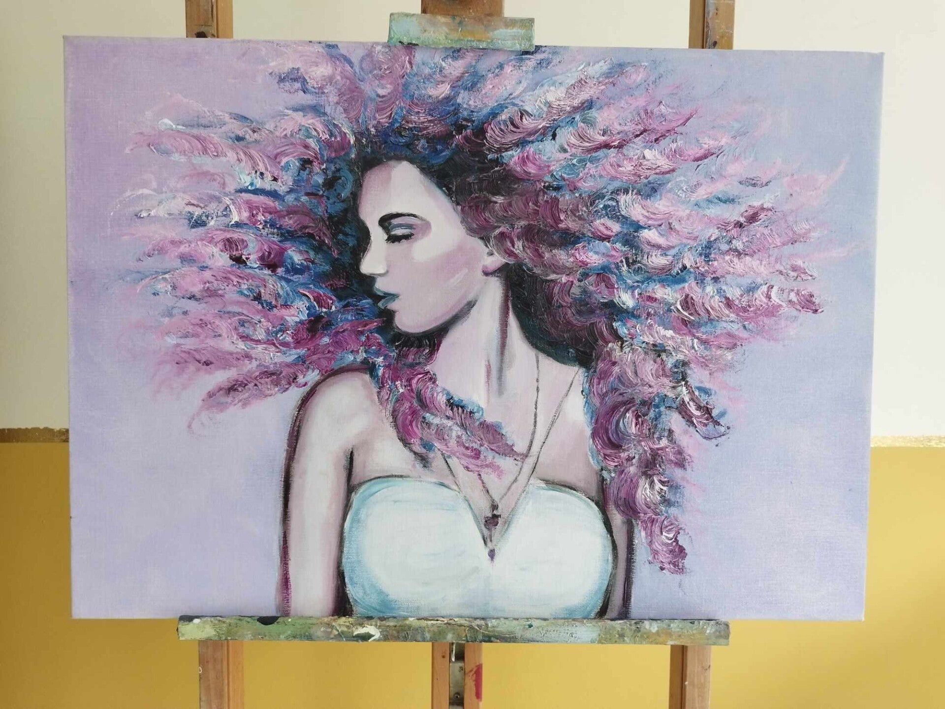 Profetisch schilderij van ArtLupin73 — een expressief doek in rijke paarse en gouden tinten dat hemelse atmosfeer uitademt